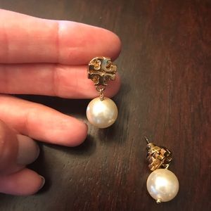 Tory Burch Crystal Pearl Logo Drop Earrings